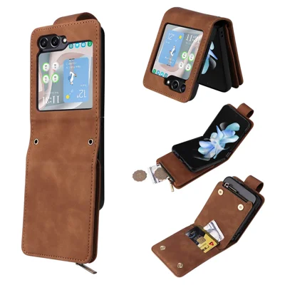 For Samsung Galaxy Z Flip5 5G Case Zipper Multi-Pocket Wallet Leather Phone Cover with Shoulder and Wrist Straps - Brown