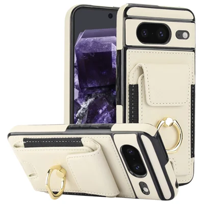 For Google Pixel 8 Case Ring Holder PU Leather+TPU Card Holder Phone Cover - Apricot
