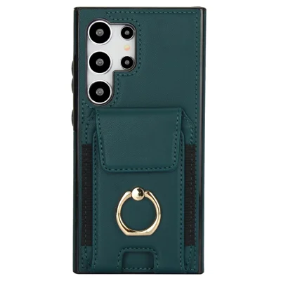 For Samsung Galaxy S24 Ultra Case with Ring Kickstand Leather Coated TPU Phone Cover - Green