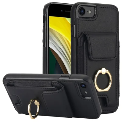 For iPhone 7 / 8 / SE (2020) / SE (2022) Kickstand Case Card Slots PU Leather+TPU Phone Cover - Black