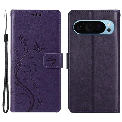 For Google Pixel 9 Pro XL Cell Phone Case Butterfly Imprinted Anti-Scratch Leather Wallet Cover - Dark Purple