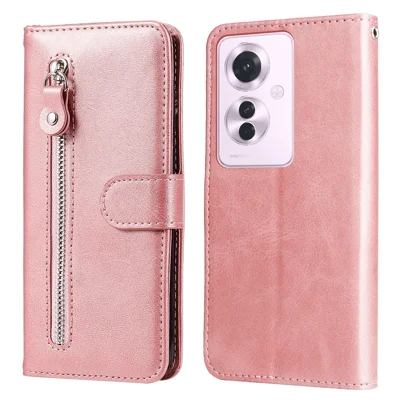 Voor Oppo Reno11 F 5G / F25 Pro 5G hoesje met ritssluiting, portemonnee, kalfsstructuur lederen telefoonhoes - Roze