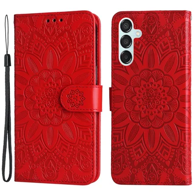 For Samsung Galaxy M15 5G / F15 5G PU Leather Phone Case Imprinted Sunflower Card Holder Stand Phone Cover - Red