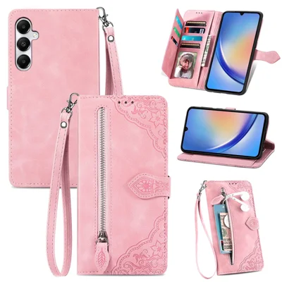 For Samsung Galaxy A15 4G / A15 5G Zipper Wallet Case with Strap Flower Imprint PU Leather Phone Cover - Pink