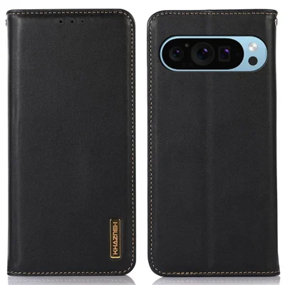 KHAZNEH For Google Pixel 10 Pro / 10 / 9 Pro / 9 Case Genuine Cow Leather RFID Blocking Wallet Flip Folio Phone Cover - Black