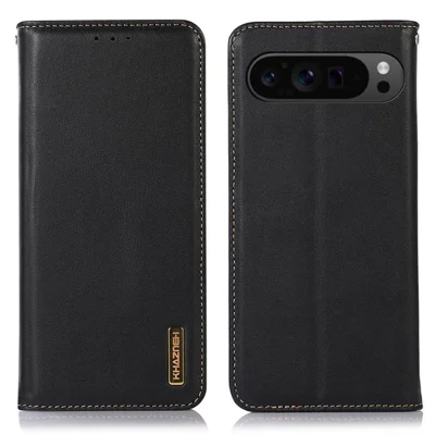 KHAZNEH For Google Pixel 10 Pro XL / 9 Pro XL Case RFID Blocking Genuine Cow Leather Wallet Phone Cover - Black