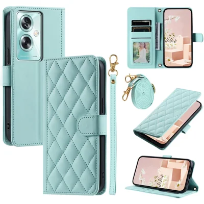 For Oppo A79 5G / A2 5G / OnePlus Nord N30 SE 5G Case Rhombus Grid Leather Crossbody Phone Cover - Mint Green