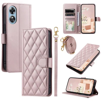 For Oppo A78 4G Case PU Stand View Leather Flip Phone Cover with Shoulder Strap - Rose Gold