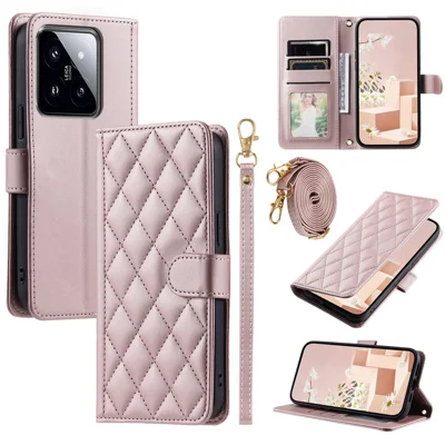 Voor Xiaomi 14 Pro hoesje Ruitmotief standaard telefoonhoes met crossbody-touw - Roségoud