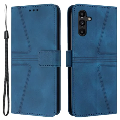 For Samsung Galaxy A55 5G Wallet Case Triangle Imprinted Leather Phone Cover - Blue