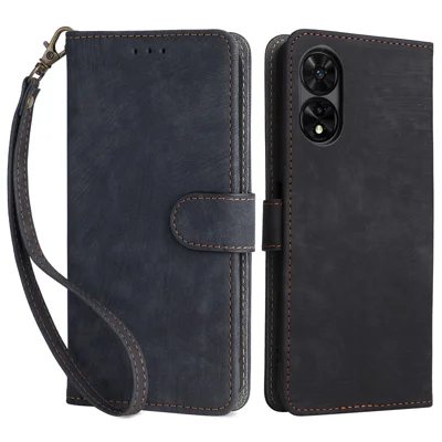 For TCL 505 T509K / T5094 Leather Case with Strap RFID Blocking Wallet Phone Cover - Black