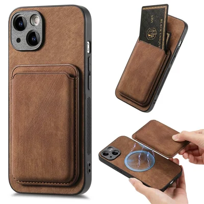 For iPhone 13 Case Compatible with MagSafe Leather Back Cover with Detachable Card Holder - Brown