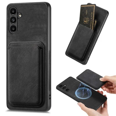 For Samsung Galaxy A55 5G Magnetic Case Leather Back Cover with Detachable Card Holder - Black