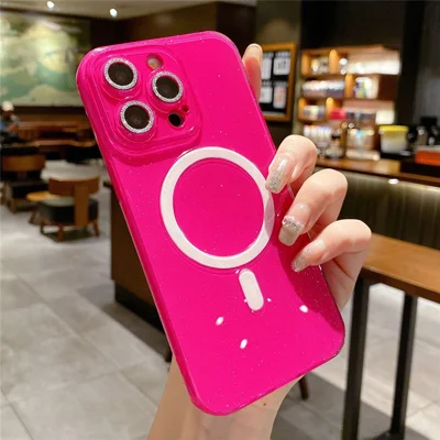 For iPhone 14 Pro TPU Phone Cover Cell Phone Case Compatible with MagSafe Shiny Glitter - Rose