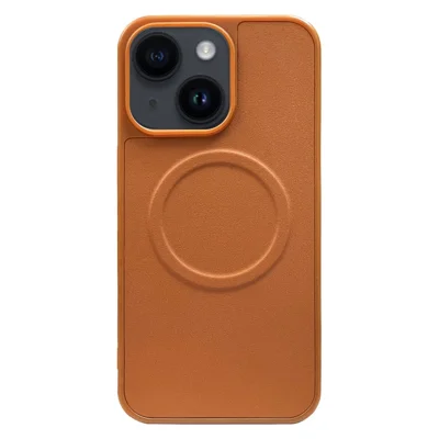 For iPhone 15 Plus Case PU Leather Coated TPU Protective Magnetic Phone Cover - Brown