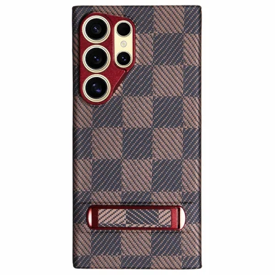 For Samsung Galaxy S24 Ultra Case Metal Lens Protection Aramid Fiber Phone Cover with Kickstand - Red