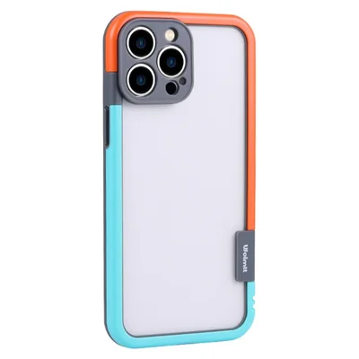 WOLMTT til iPhone 15 Pro Max anti-skrabtaske med dobbelt farveramme PC+TPU telefondæksel - Blå+Orange