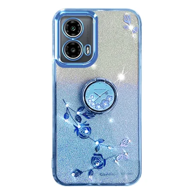 KADEM For Motorola Moto G45 5G / G34 5G Phone Cover Rhinestone Flower TPU Kickstand Case - Blue