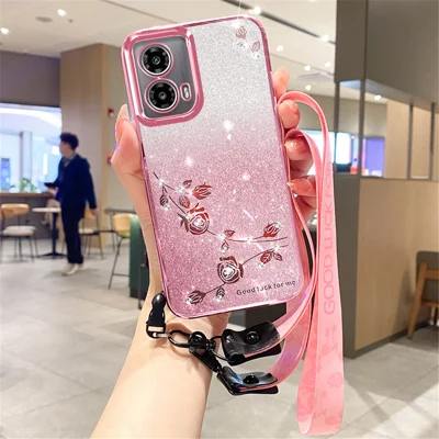 KADEM For Motorola Moto G45 5G / G34 5G Case TPU Glitter Sparkle Phone Protector with Long Lanyard - Rose Gold