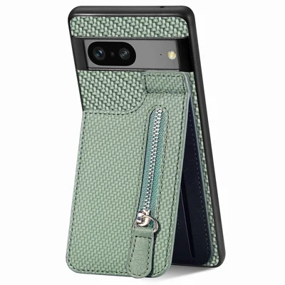 C1-03 For Google Pixel 7a Case Card Slots Vertical Kickstand Carbon Fiber Phone Cover - Green