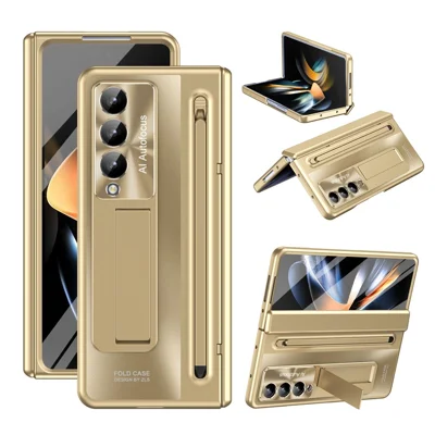 For Samsung Galaxy Z Fold4 5G Kickstand Case Hinge PC Phone Cover with Tempered Glass Film, Stylus - Gold