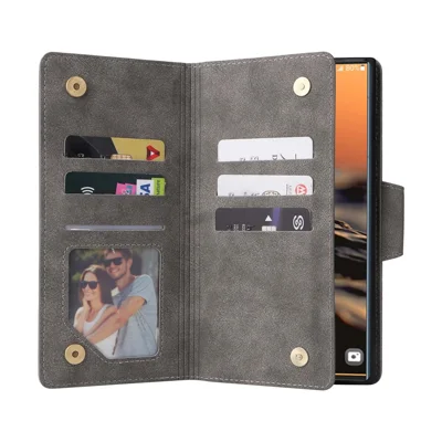 For Samsung Galaxy S23 Ultra Wallet Case Shockproof Leather Phone Cover with Rivet Decor - Grey