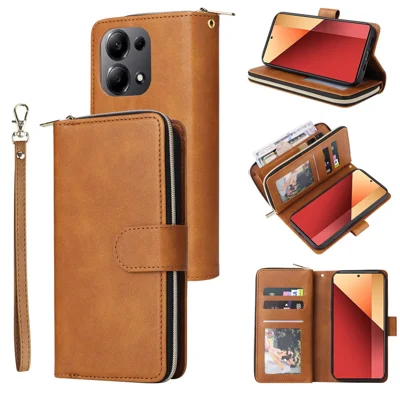 For Xiaomi Redmi Note 13 Pro 4G / Poco M6 Pro 4G Leather Case Zipper Wallet Phone Cover - Brown