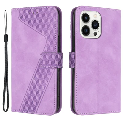 For iPhone 14 Pro Max Anti-Scratch Cover 7-Shape Imprinted Pattern PU Leather Phone Case Wallet - Purple
