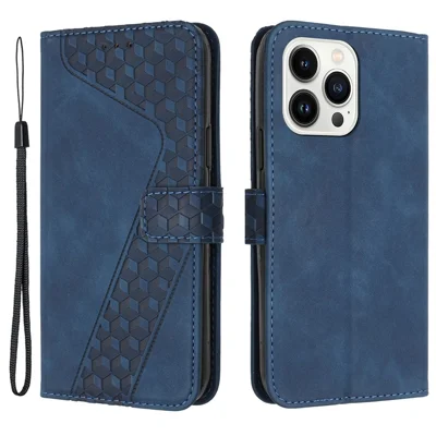For iPhone 12 Pro Max PU Leather Cover 7-Shape Imprinted Pattern Phone Case Wallet - Dark Blue
