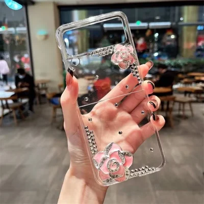 For Samsung Galaxy Z Flip4 5G Case Camellia Rhinestone Decor Hard PC Phone Cover