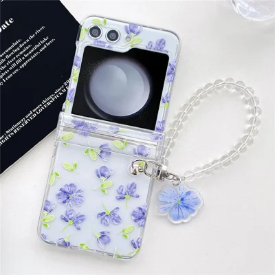 For Samsung Galaxy Z Flip5 5G Case Hard PC Pattern Printing Clear Phone Cover with Bracelet - Purple Flower
