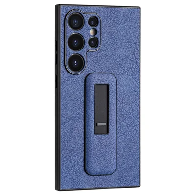 For Samsung Galaxy S24 Ultra Case Shockproof PC+PU Leather Phone Cover with Push-pull Kickstand - Fluorescent Blue