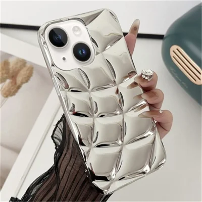 For iPhone 15 TPU Case Electroplating Rhombus Grid Protective Phone Cover - Silver