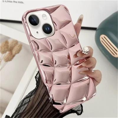 For iPhone 14 Case Rhombus Grid Pattern Electroplating TPU Back Phone Cover - Pink
