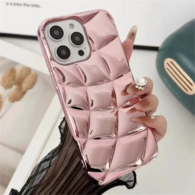 For iPhone 15 Pro TPU Phone Case Rhombus Grid Pattern Electroplating Protective Cover - Pink