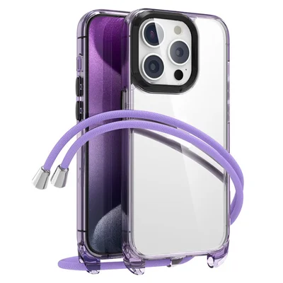 For iPhone 13 Pro Max Case PC+TPU Clear Phone Cover with Adjustable Lanyard - Transparent Purple+Purple Lanyard