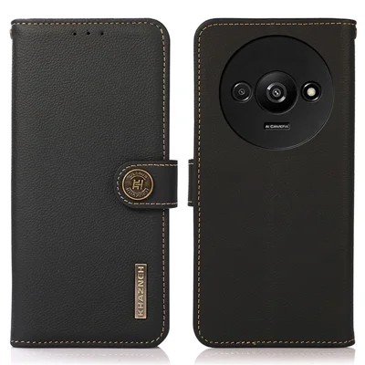 KHAZNEH For Xiaomi Redmi A3 / Poco C61 4G Case RFID Blocking Anti-drop Genuine Cow Leather Phone Cover - Black