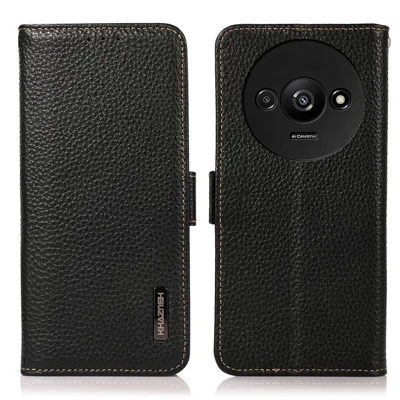 KHAZNEH For Xiaomi Redmi A3 / Poco C61 4G Magnetic Cell Phone Case Genuine Cow Leather RFID Blocking Cover - Black