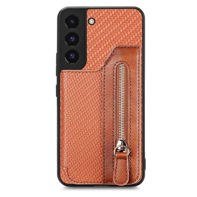 C1-04 For Samsung Galaxy S22 5G Wallet Case Anti-Drop Kickstand PU+PC+TPU Phone Cover - Brown