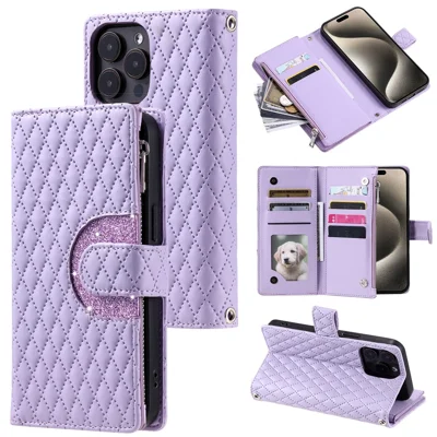 Style 012 for iPhone 15 Pro Max Case Rhombus Zipper Pocket PU Leather Stand Phone Cover - Purple