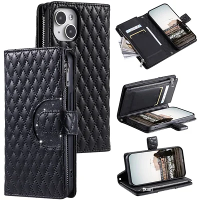 Style 012 for iPhone 15 Leather Wallet Case Rhombus Glitter Stand Flip Phone Cover - Black