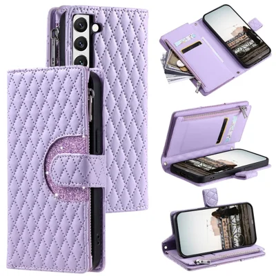 Style 012 for Samsung Galaxy S22 5G Case  Handbag Zipper Pocket Glitter Leather Phone Cover - Purple