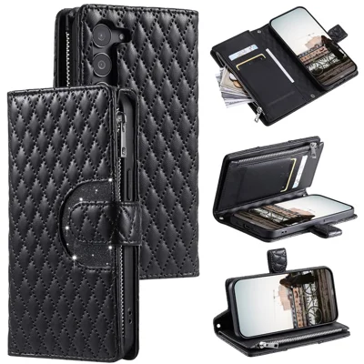 Style 012 for Samsung Galaxy S23 Case Zipper Pocket Handbag Case PU Leather Rhombus Pattern Phone Cover - Black