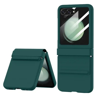 For Samsung Galaxy Z Flip5 5G Retractable Hinge PU Leather Coated PC Phone Case with Rear Screen Film - Midnight Green
