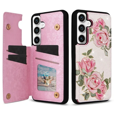 For Samsung Galaxy S23 FE Case Flower Leather Coated TPU Phone Cover with RFID Blocking Wallet - Rose Flower