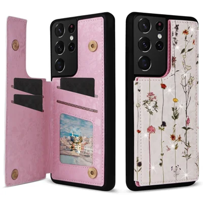 For Samsung Galaxy S21 Ultra 5G Card Slots Kickstand RFID Blocking Cell Phone Case PU Leather+TPU Cover - Dried Flower