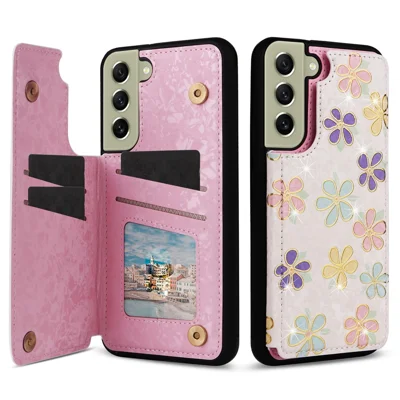 Phone Cover for Samsung Galaxy S21 FE 5G Kickstand Flower PU Leather Coated TPU Phone Case - Flowers