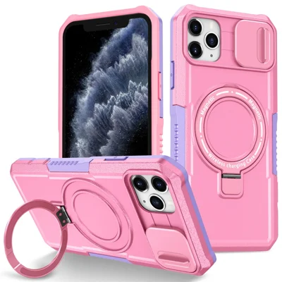 For iPhone 11 Pro Max Case Kickstand PC+TPU Magnetic Phone Cover with Lens Guard - Purple / Pink