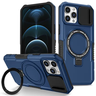 For iPhone 12 Pro Max 6.7 inch Magnetic Phone Case PC+TPU Cover with Slide Camera Lid - Sapphire
