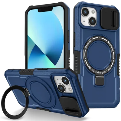 For iPhone 13 Camera Protection Case Magnetic Kickstand PC+TPU Phone Cover - Sapphire